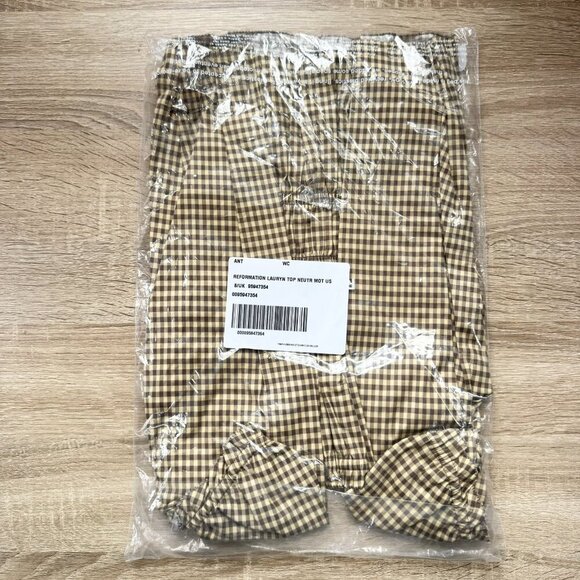 NWT Reformation Lauryn Checkered Quarter Sleeve Bow Top Brown 8 - Picture 12 of 17